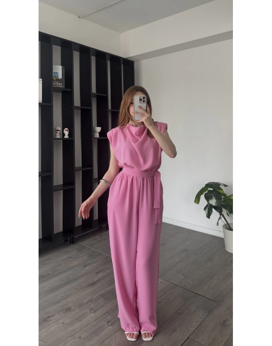 Pembe Vivi Kuşaklı Vatkalı Tulum