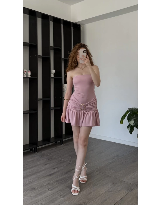 Pembe Wanda Bel Detaylı Straplez Elbise