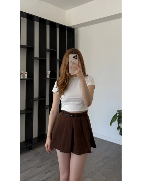 Rayne Kahve Kemer Detaylı Şortlu Pileli Etek