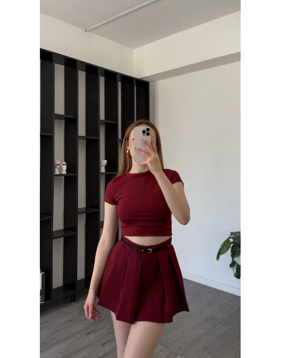 Rayne Bordo Kemer Detaylı Şortlu Pileli Etek