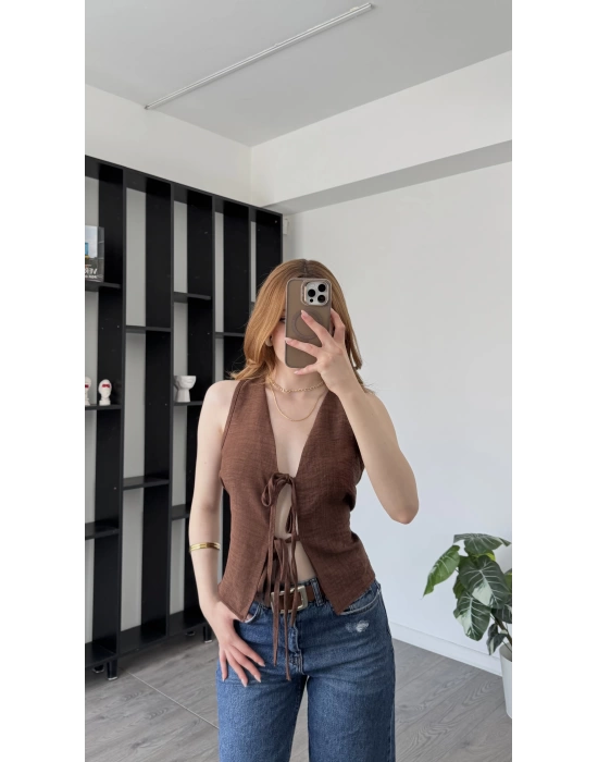 Rena Kahverengi Bağlama Detaylı Yelek