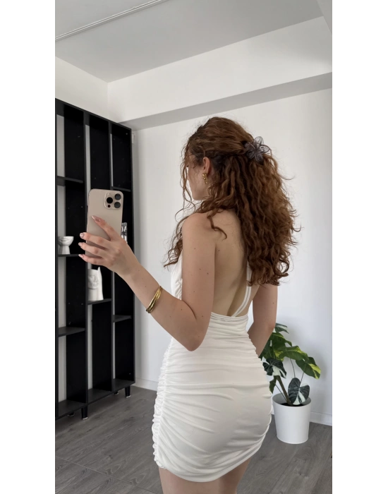 Riva Beyaz Degaje Yaka Mini Büzgü Elbise