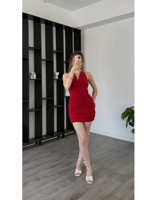 Riva Kırmızı Degaje Yaka Mini Büzgü Elbise