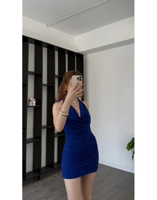 Riva Lacivert Degaje Yaka Mini Büzgü Elbise