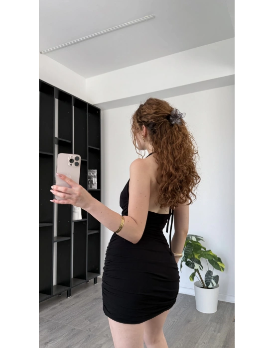 Riva Siyah Degaje Yaka Mini Büzgü Elbise