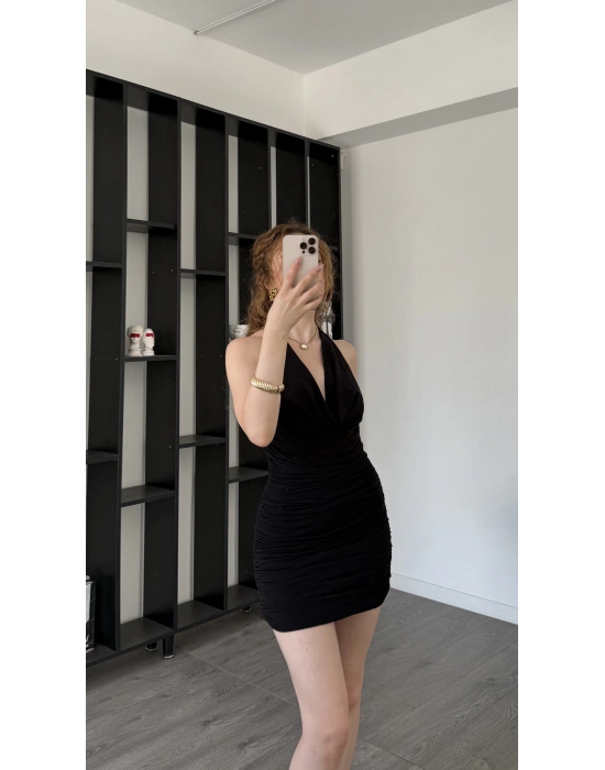 Riva Siyah Degaje Yaka Mini Büzgü Elbise