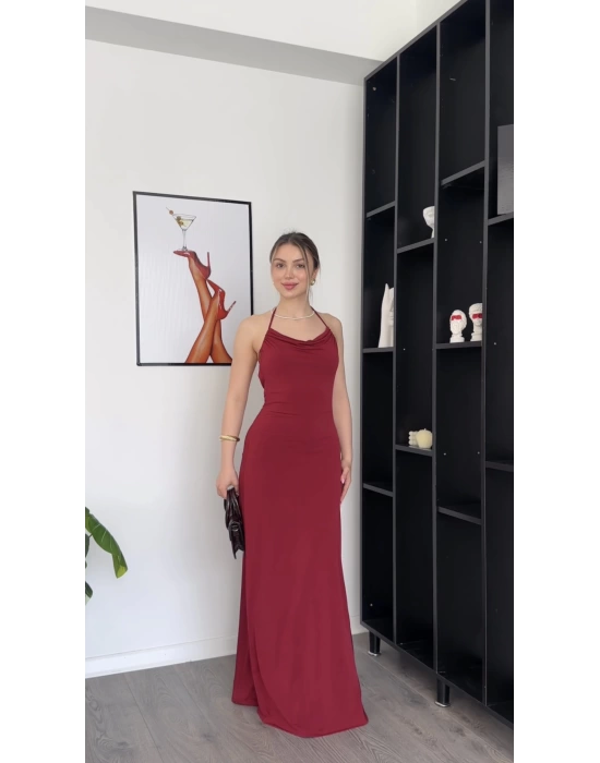 Rosy Bordo Bağcık Sırtlı Elbise