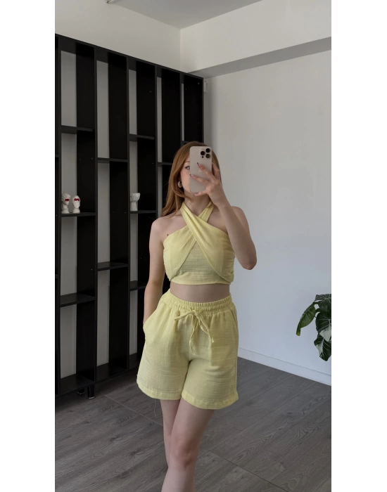 Sarı Carrie Çapraz Bağlamalı Şortlu Takım