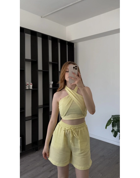 Sarı Carrie Çapraz Bağlamalı Şortlu Takım