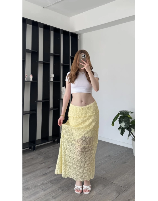 Sarı Cenny Güpürlü Astarlı Etek