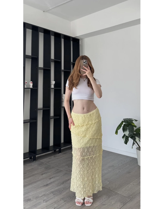Sarı Cenny Güpürlü Astarlı Etek
