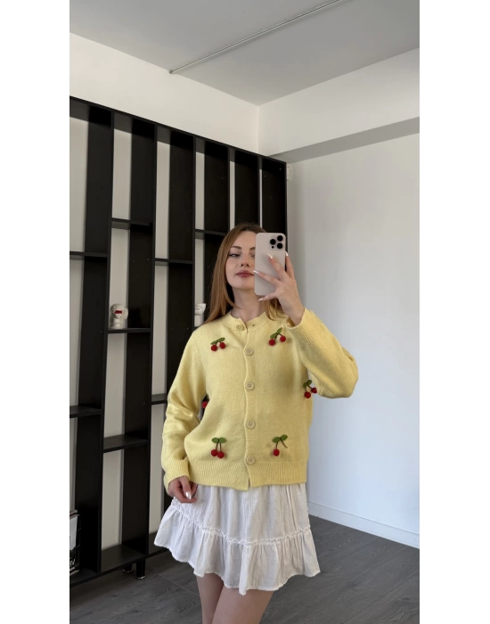 Sarı Chery Kirazlı Triko Hırka