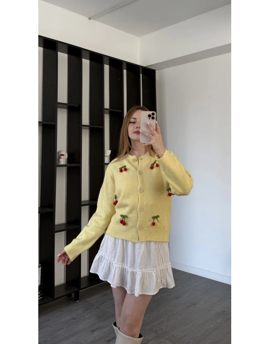 Sarı Chery Kirazlı Triko Hırka