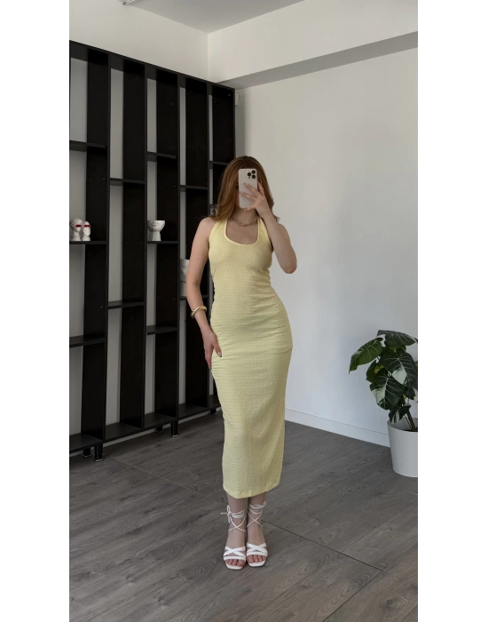 Sarı Chiara Gofre Boyundan Askılı Elbise