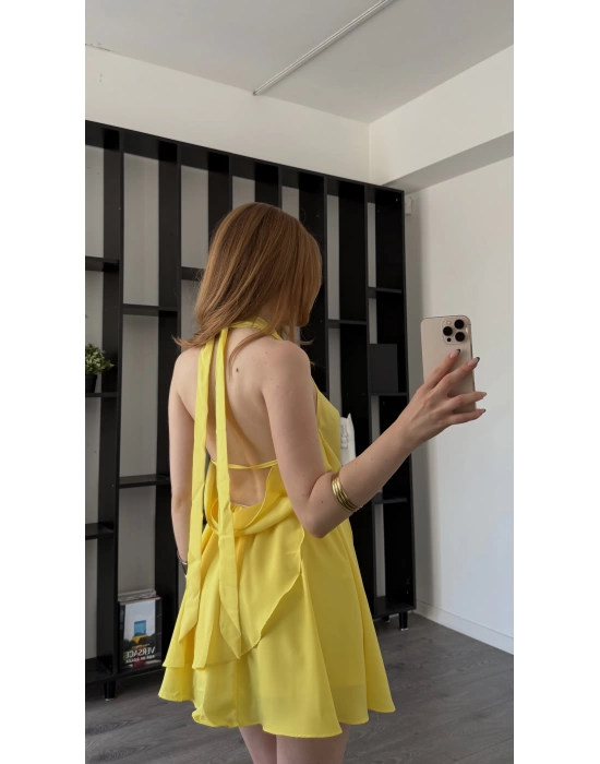 Sarı Chloe Degaje Yakalı Şortlu Volan Elbise
