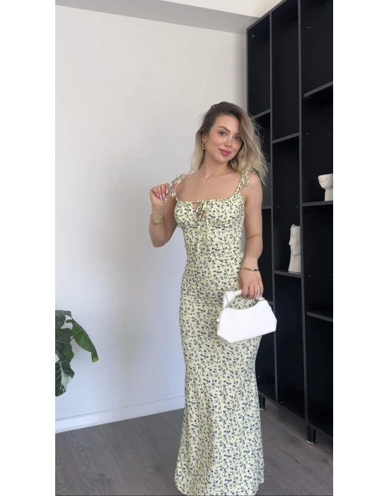 Sarı Çiçek Desenli Bağcık Yakalı Elbise
