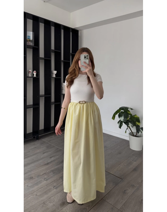 Sarı Dora Kemerli Poplin Elbise