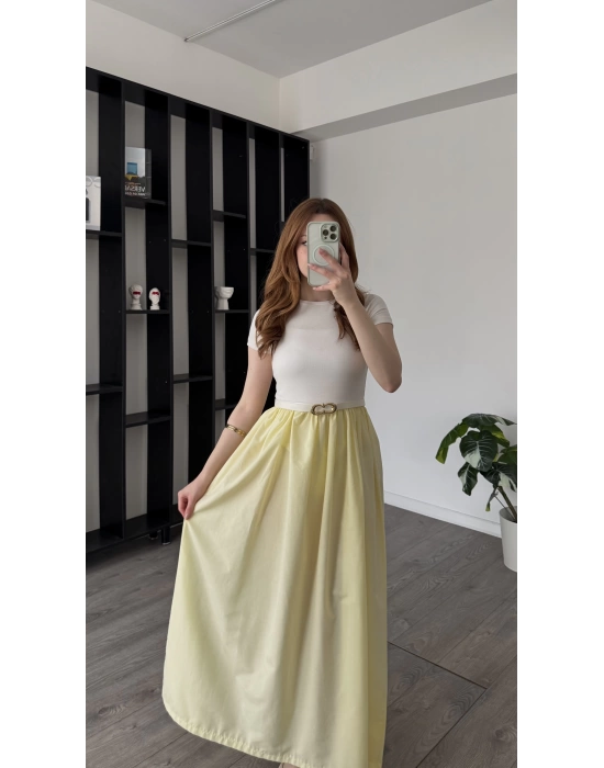 Sarı Dora Kemerli Poplin Elbise