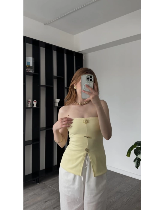 Sarı Elsa Broşlu Straplez Bluz