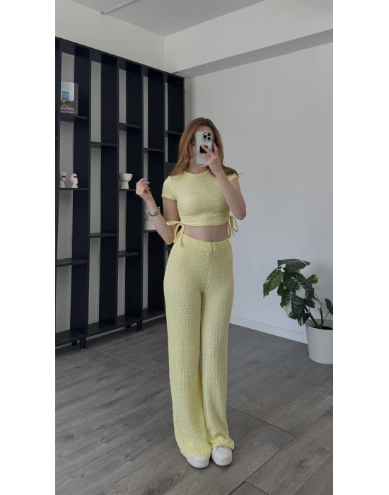 Sarı Fulia Çift Büzgülü Gofre Takım