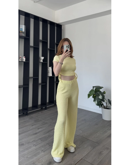 Sarı Fulia Çift Büzgülü Gofre Takım
