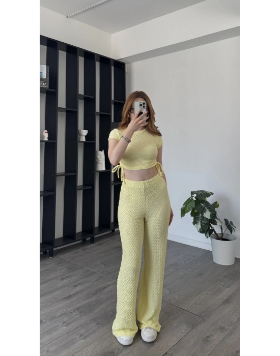 Sarı Fulia Çift Büzgülü Gofre Takım