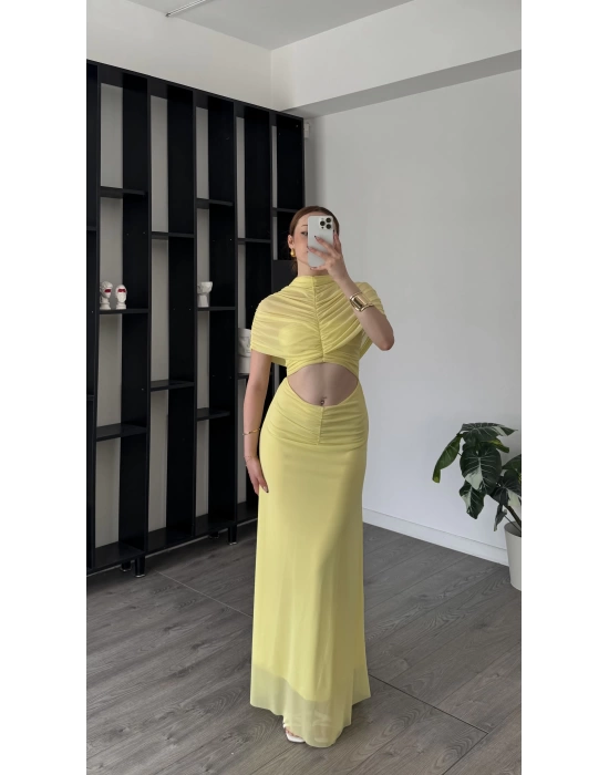 Sarı Lili Tül Omuz Detaylı Elbise