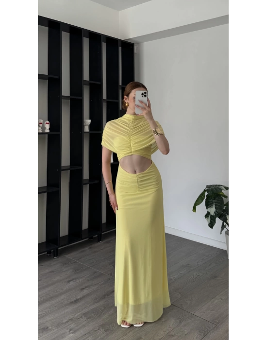 Sarı Lili Tül Omuz Detaylı Elbise