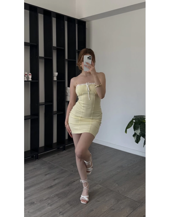 Sarı Loren Bağcık Yaka Detaylı Straplez Elbise