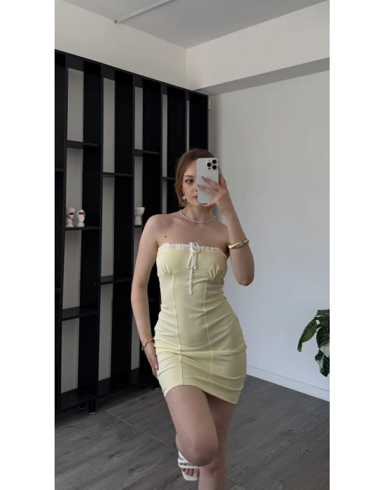 Sarı Loren Bağcık Yaka Detaylı Straplez Elbise