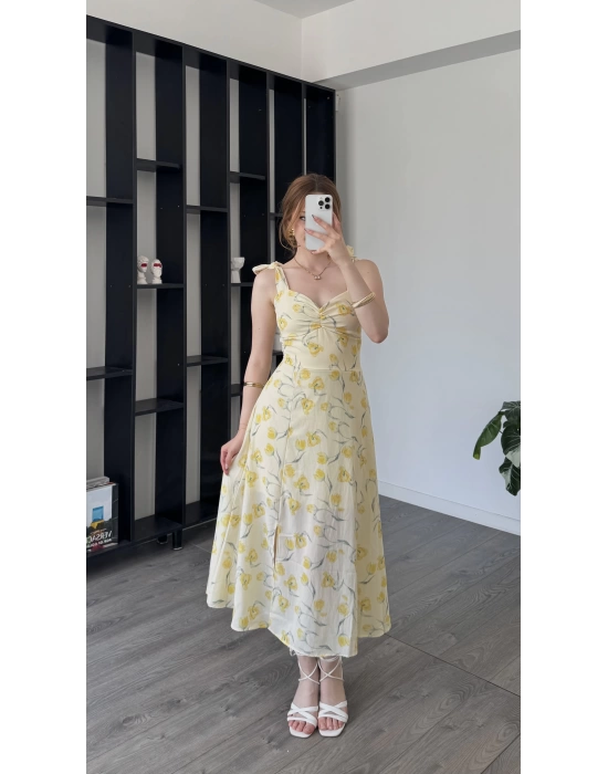 Sarı Lorena Kurdele Askılı Çiçekli Elbise