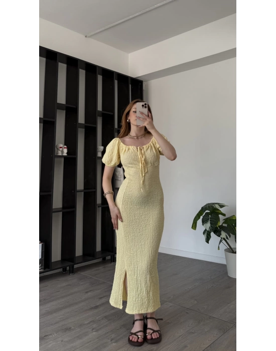 Sarı Maria Balon Kollu Gofre Elbise