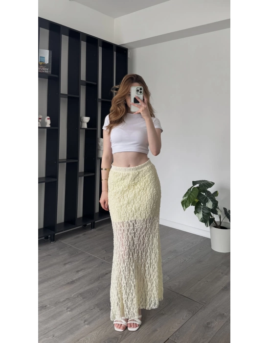 Sarı Pia Güpürlü Astarlı Etek
