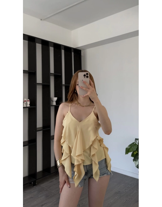 Sarı Sandra Fırfır Detay Askılı Bluz