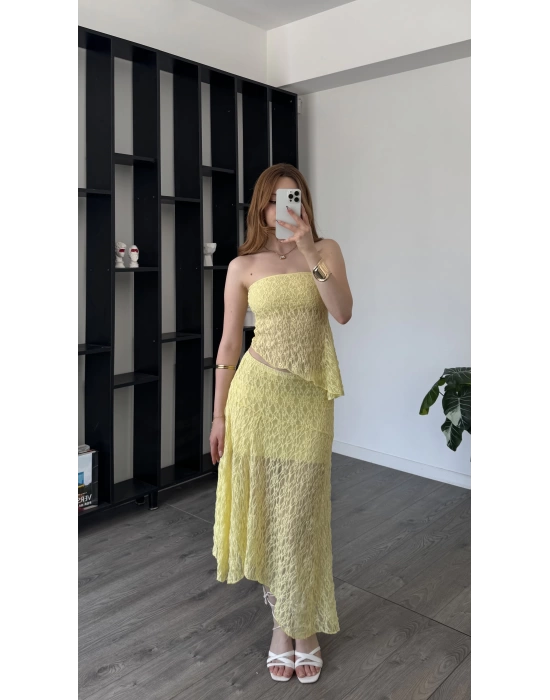 Sarı Selay Güpürlü Astarlı 2’li Takım