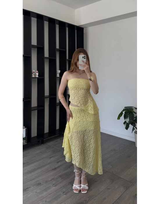 Sarı Selay Güpürlü Astarlı 2’li Takım