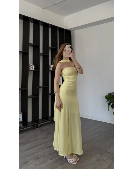 Sarı Tiara Astarlı Şal Detaylı Elbise
