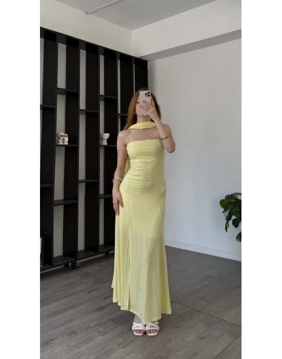 Sarı Tiara Astarlı Şal Detaylı Elbise