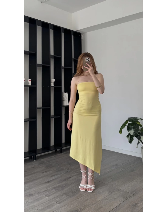 Sarı Tyla Basic Asimetrik Straplez Elbise