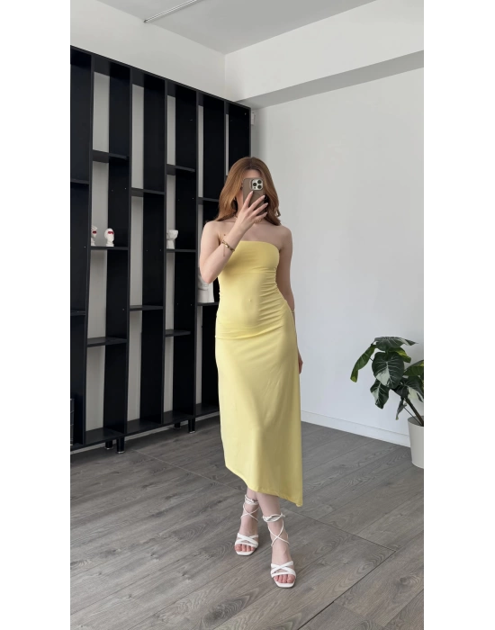 Sarı Tyla Basic Asimetrik Straplez Elbise