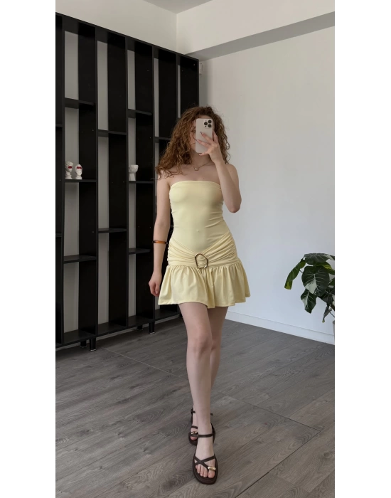 Sarı Wanda Bel Detaylı Straplez Elbise