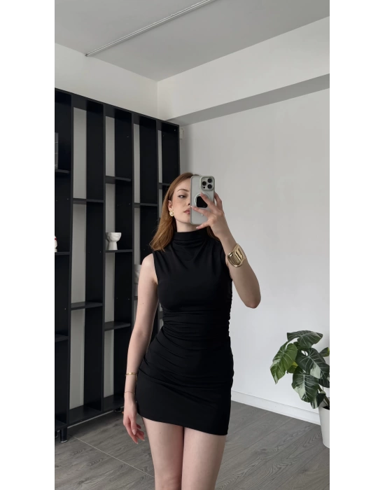 Siyah Alexa Balıkçı Yaka Yandan Büzgülü Elbise