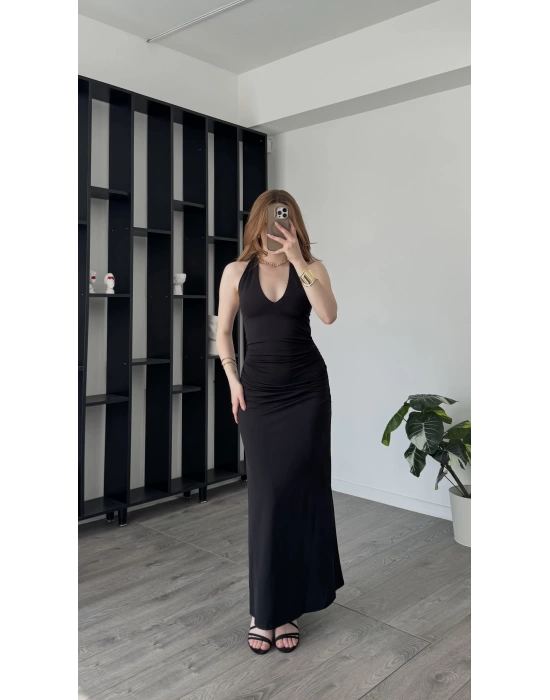 Siyah Aliz Sırt Dekolteli Elbise