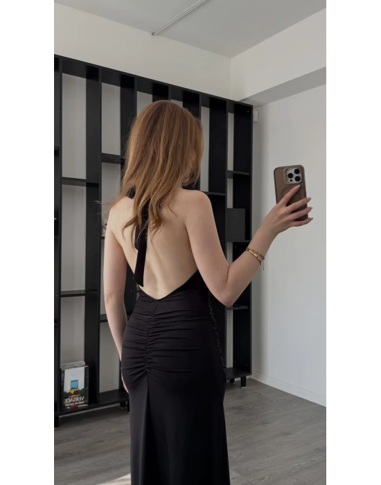 Siyah Aliz Sırt Dekolteli Elbise