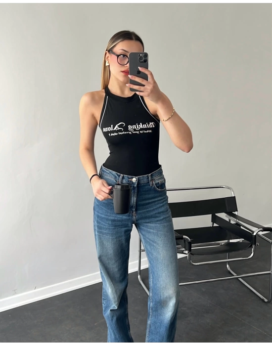 Siyah Alone Halter Yakalı Bodysuit