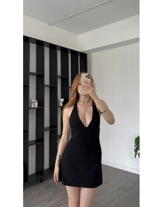 Siyah Amaris V Yakalı Boyundan Bağlamalı Elbise