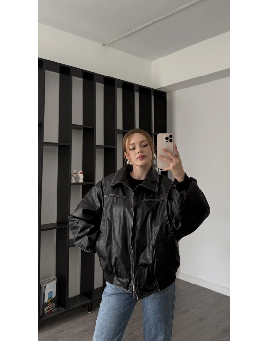 Siyah Amy Dikiş Detaylı Oversize Deri Ceket