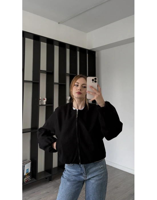 Siyah Anna Bomber Kaşe Ceket