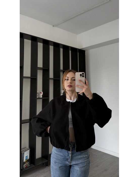 Siyah Anna Bomber Kaşe Ceket