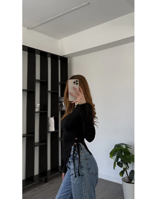 Siyah Arlin Bağcık Yanlı Bluz